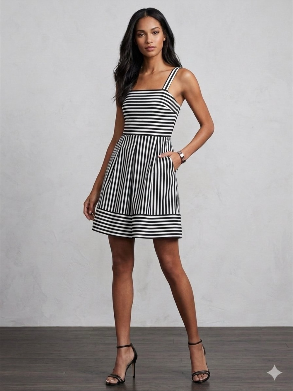 Brixon Ivy Fit Flare Black White Striped Ponte Coquette Pockets Mini Dress S